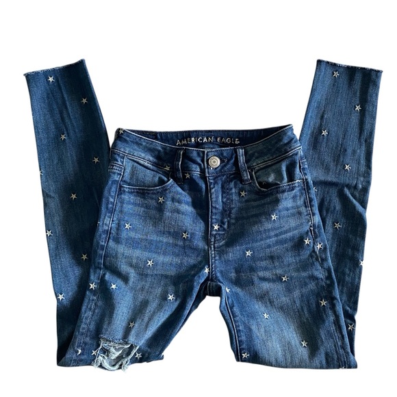 American Eagle Outfitters Denim - American Eagle Womens High Rise Jegging Sz 0 Embroidered White Stars Distressed